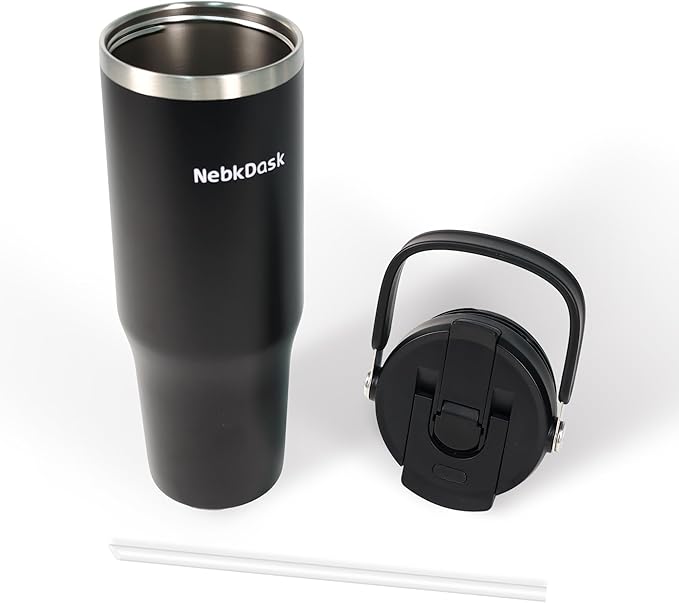 40 oz Insulated Stainless Steel Bottle with 2-in-1 Straw and Spout Lid, Water Bottle with Carry Handle Keep Cold 24H, Leak-Proof, Fits in Car Cup Holder, Travel, and School（Black）
