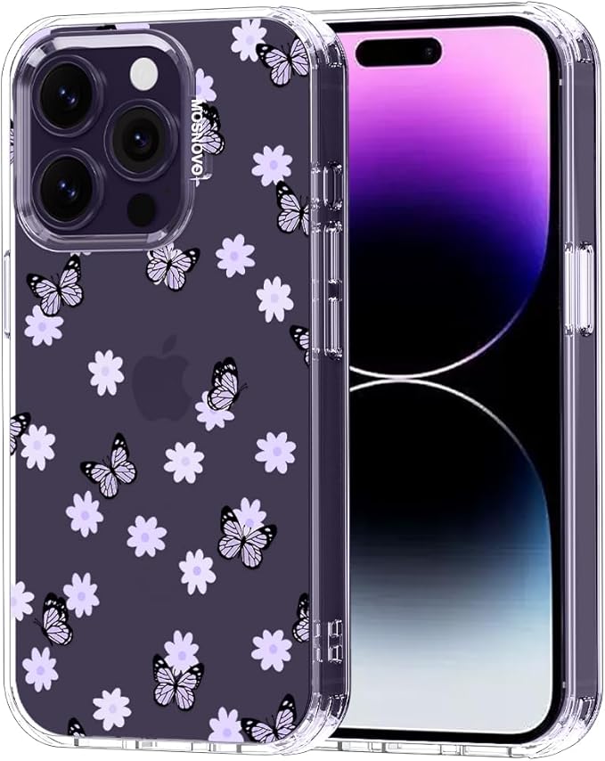 MOSNOVO Case for iPhone 14 Pro, [Buffertech 6.6ft Military-Grade Drop Protection] [Anti Peel Off Tech] Clear TPU Bumper Phone Case Cover Design - Lilac Butterfly