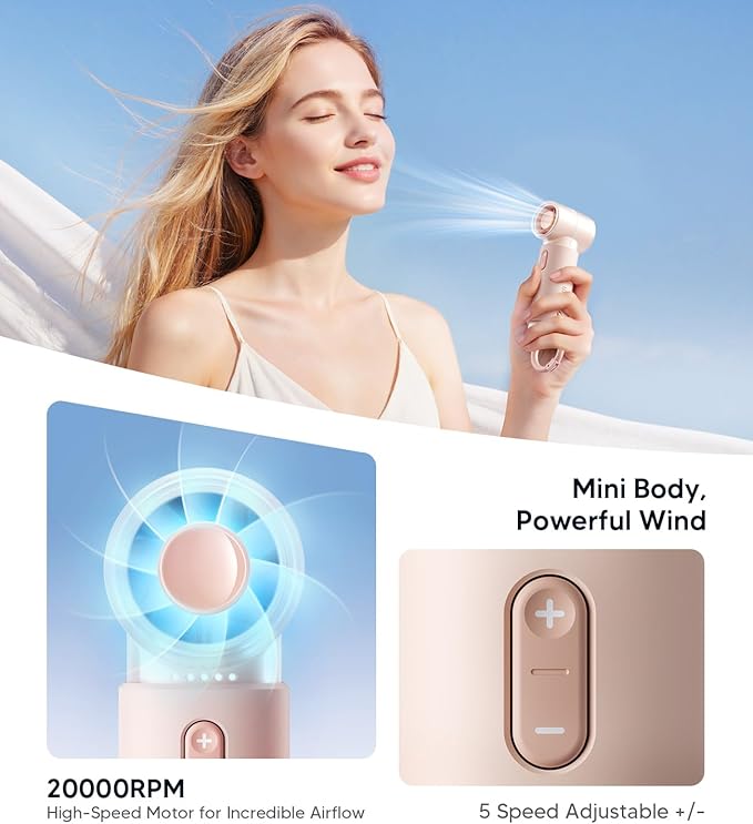 WSKEN Portable Handheld Fan, Rechargeable, 5 Speeds Mode, 20000rpm Brushless Motor, [Small But Powerful] - Ideal for Travel, Cruises, Hiking, Concerts & Lover Gifts(Pink)