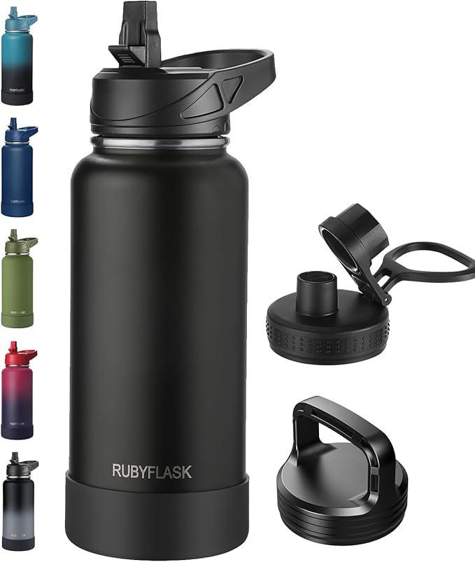 RUBYFLASK 32oz Insulated Water Bottle with Straw, Stainless Steel Metal Vacuum Water Flask, Large Thermal Water bottle with Leakproof 3 Lids for Travel, Camping, Gym Sports Black