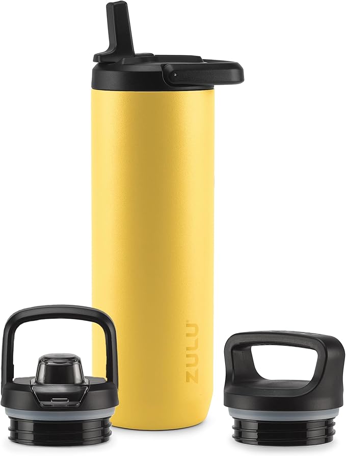 ZULU Base 24oz Stainless Steel Water Bottle with 3 Lids- Straw, Chug, Twist | Double Walled and Vacuum Insulated Metal Thermos | Fits Car Cupholder, Built in Carry Loop, Dishwasher Safe, Vitamin C