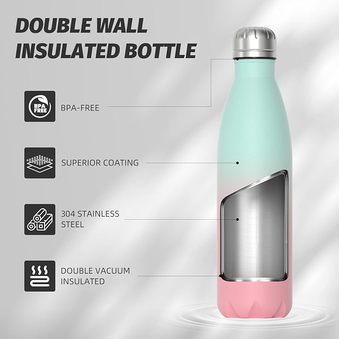 WATERSY Stainless Steel Water Bottle, 17oz/500ml Insulated Pink Bottle Keeps Drink Cold and Hot, BPA Free for School, Gym, Travel, Sports