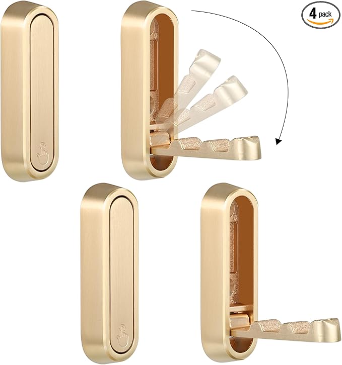 Dntorx Folding Wall Hooks, 4 Pcs Foldable Gold Coat Hooks Heavy Duty Foldable Hook Bathroom Towel Hooks Robe Hooks Wall Mounted for Hanging Coat Towels Clothes Hat Bags Keys