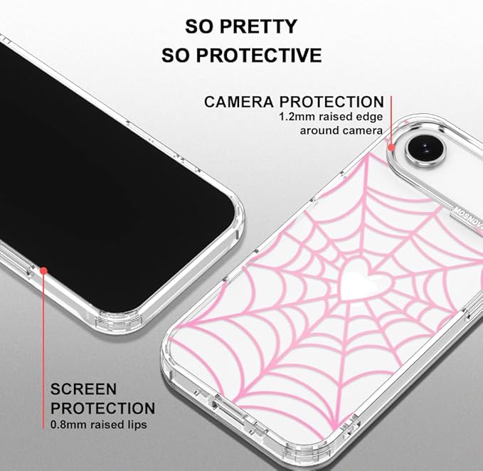 MOSNOVO for iPhone Air Case, Shockproof Military-Grade Protection 6.6ft Drop Tested, Camera Control, Clear Phone Case for iPhone 17 Air, Pink Spiderweb Design