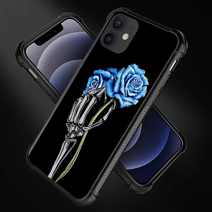 for iPhone 11 Case, Skeleton Holding Blue Rose Pattern Graphic Design Girl Boy Soft Silicone Hard Acrylic Shock Protection for iPhone 11