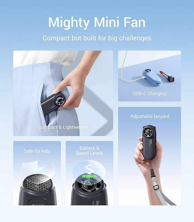 Diveblues TurboBear Portable Handheld Turbo Fan- Powerful Air Speed, Ultra-Light 86.5g Hand Fan, 5 Gear Cooling, Rechargeable Battery Powered, Pocket Cute Small Fan Travel Essentials Gifts Women