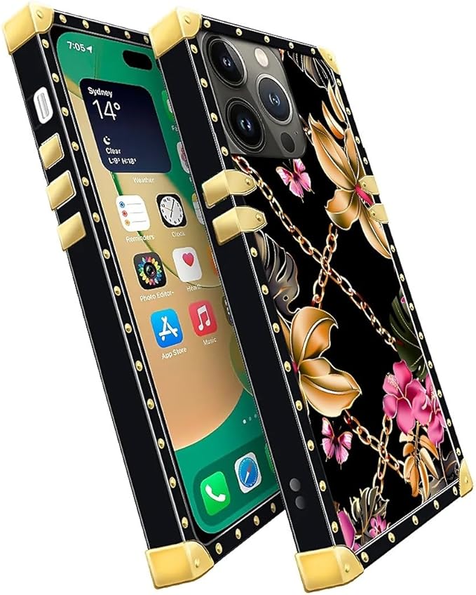 Compatible with iPhone 14 Pro Case, Pink Golden Chain Tropical Flower Luxury Golden Decoration for Girl Women Soft TPU Shockproof Protective Hard PC Back for iPhone 14 Pro