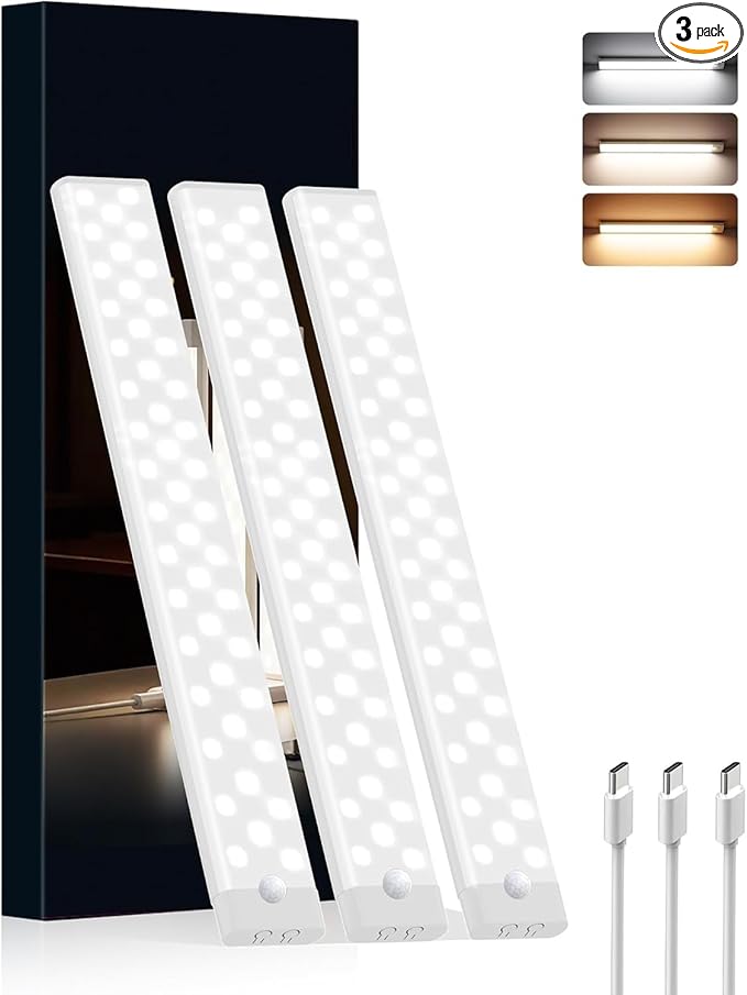Under Cabinet Lighting Wireless, 3 Packs Rechargeable Motion Sensor Light Indoor Disassembled, 3 Color Temps Closet Light Stick on, 8 Inches Under Counter Lights for Kitchen, Wardrobe, Bedroom