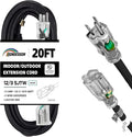 Indoor Outdoor Extension Cord Weatherproof with Lighted End, UL Certified, 12 Gauge 20FT Black 3 Prong Heavy Duty, 12/3 SJTW 15A Power Cord for Outdoor Lights, Lawn