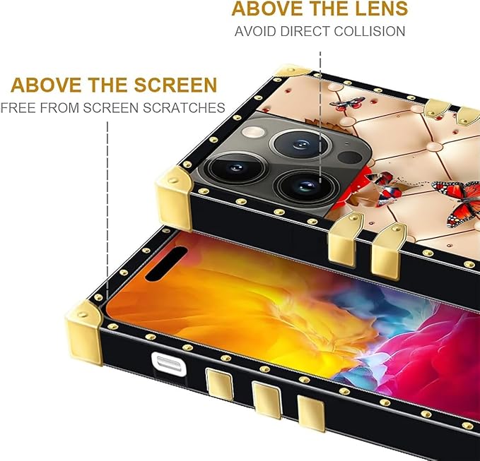Compatible with iPhone 15 Pro Case, Shining Red Rose Butterfly Leather Background Luxury Golden Decoration for Girl Women Soft TPU Shockproof Protective Hard PC Back for iPhone 15 Pro