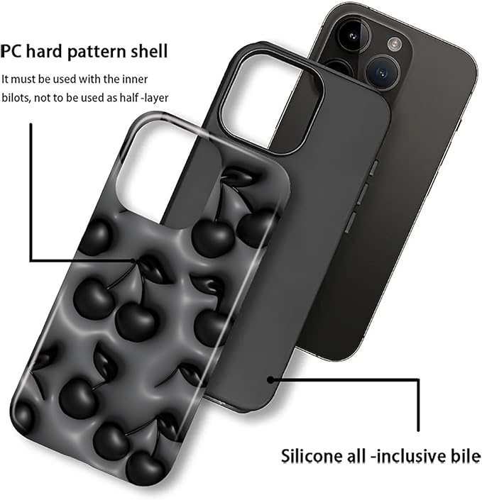 for iPhone 16 Pro Case,HL2 Cute Cool Cherry Black Hybrid 2 Layer Hard Shell Silicone Protective Pattern Design Case