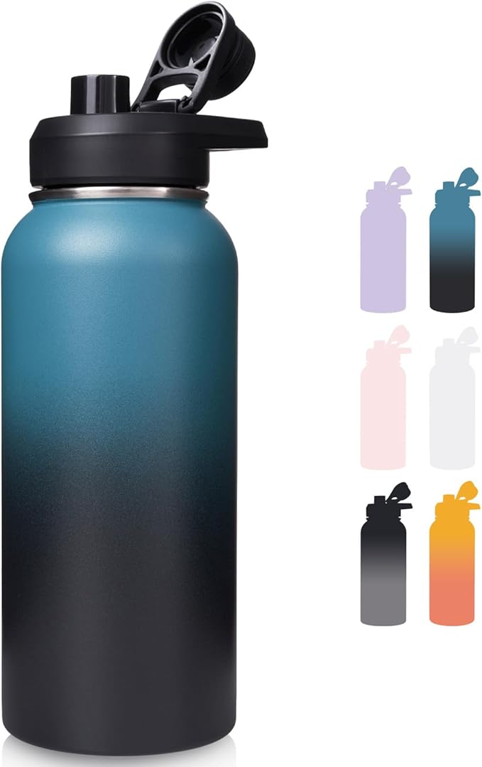 Fijinhom 32 oz Insulated Water Bottle with Handle, 304 Stainless Steel Water Bottles with Wide Mouth, Double Wall Vacuum Sports Water Bottle, BPA Free, Keep Cold and Hot, Blue&Black