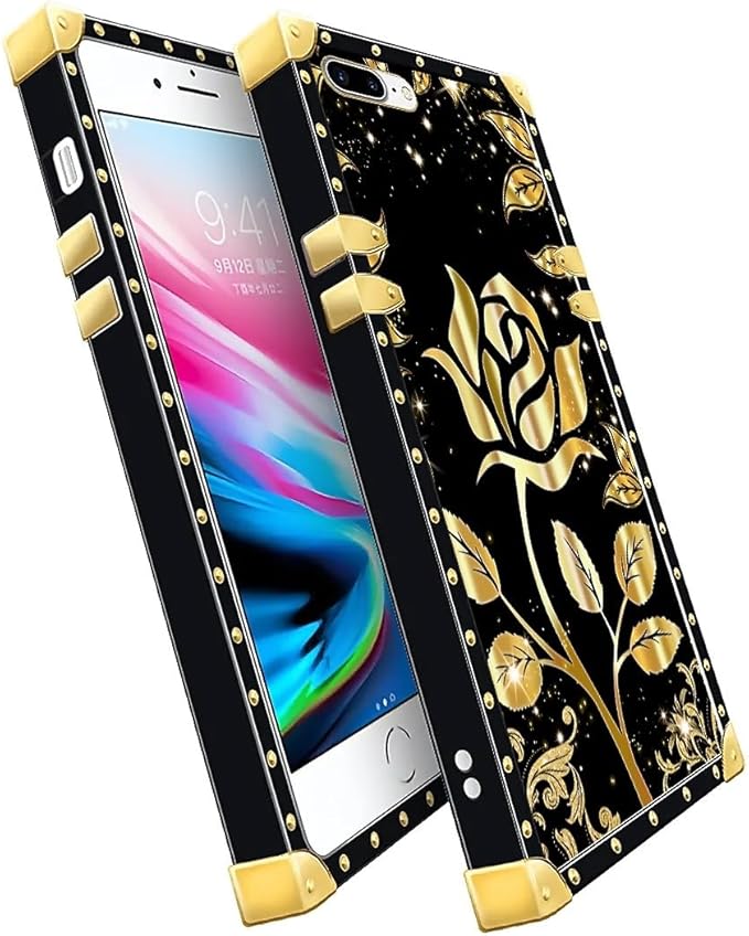 Compatible with iPhone 8 7 SE Case, Shine Gold Rose Luxury Golden Decoration for Girl Women Soft TPU Shockproof Protective Hard PC Back for iPhone 8 7 SE