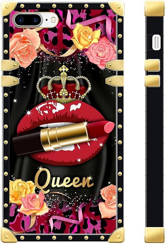 Compatible with iPhone 8 7 SE Case, Queen Lip Crown Leopard Print Luxury Golden Decoration for Girl Women Soft TPU Shockproof Protective Hard PC Back for iPhone 8 7 SE