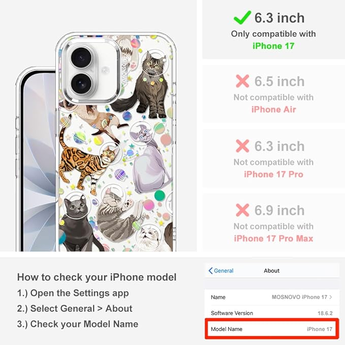 MOSNOVO for iPhone 17 Case | Military Grade 6.6ft Drop Tested | Camera Control | Clear with Space Cat Design
