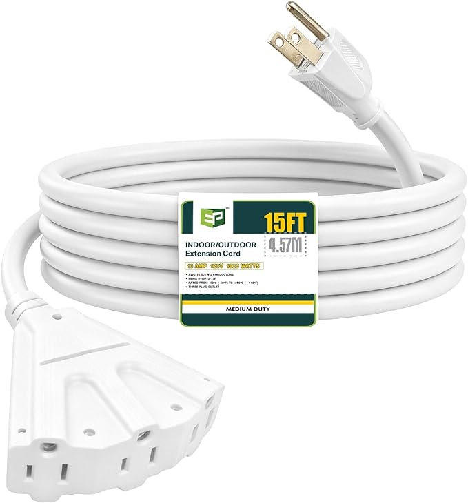 EP 15 Ft Outdoor Extension Cord with 3 Electrical Power Outlets - 16/3 SJTW White Cable with 3 Prong Grounded Plug for Safety Great for Christmas Lights, Garden and Major Appliances