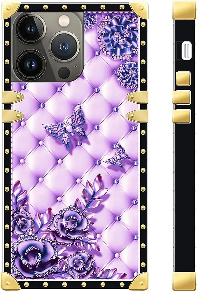 Compatible with iPhone 13 Pro Max Case, Purple Butterfly Flowers Leaf Luxury Golden Decoration for Girl Women Soft TPU Shockproof Protective Hard PC Back for iPhone 13 Pro Max