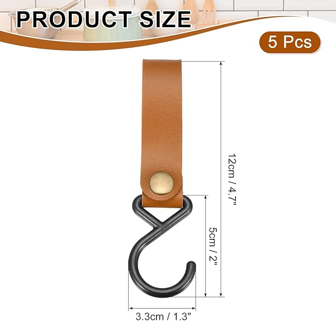 uxcell 5pcs PU Leather Hooks, S-Shape Hooks for Outdoor Camping Hanging Pots Pans Utensils, Light Brown