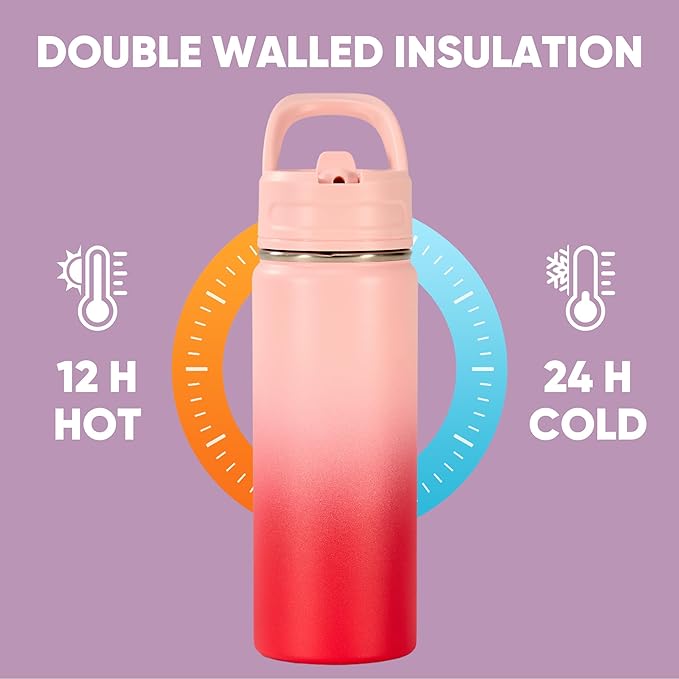 Fijinhom 18oz Insulated Stainless Steel Water Bottle with Straws, Double Wall Vacuum Insulated Bottles, Metal Thermo for Travel, Sports, Leak-Proof, BPA Free, Women & Men, Pink Gradient