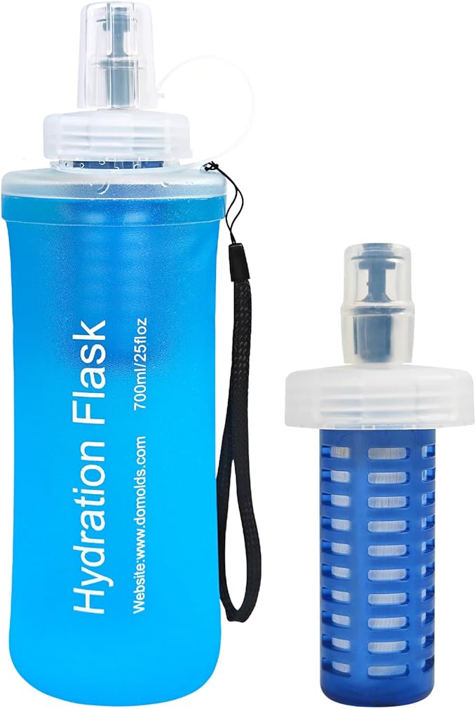 700ml Soft Flask Water Bottle, Collapsible Water Bottle with Filter, Perfect for Hiking, Backpacking, and Camping - Blue