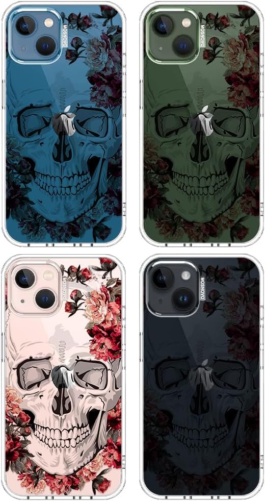 MOSNOVO for iPhone 13/14 Case | Military Grade 6.6ft Drop Tested | Clear with Red Flower Skull Design