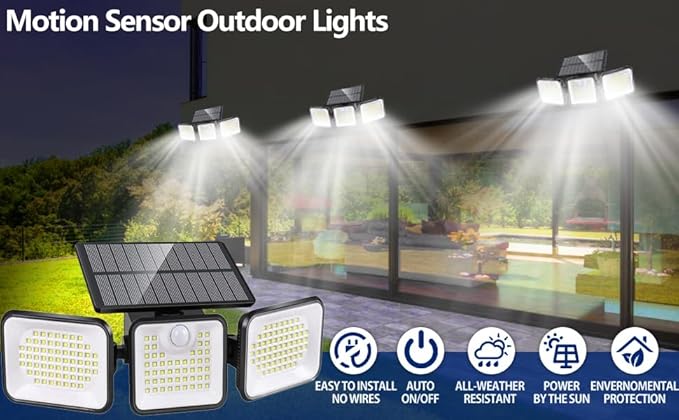 2 Pack 180 LED Solar Flood Light Outdoor,Motion Sensor Outdoor Lights,IP65 Waterproof,3 Adjustable Heads Outdoor Solar Lights,Solar Lights for Outside Fence Driveway Walkway