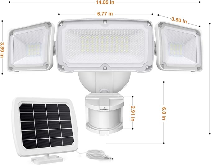GLORIOUS-LITE Solar Security Lights 2400mAh LED Motion Sensor Light Outdoor, Rechargable 1600lm Solar Flood Light, 5500-6000K, IP 65 Waterproof for Garage, Yard, Porch, Entryways - White