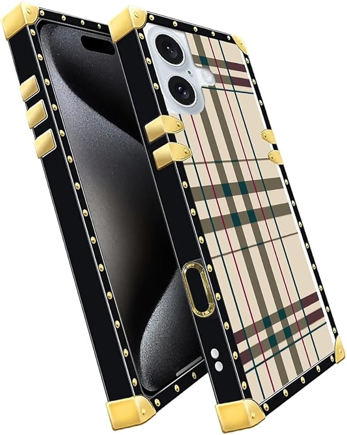 Compatible with iPhone 16 Plus Case, Black Red Beige Stripes Luxury Golden Decoration for Girl Women Soft TPU Shockproof Protective Hard PC Back
