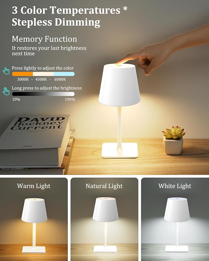 Fizrice Cordless Table Lamp Rechargeable Lamps: 6000mAh Battery Operated Table Lamp Outdoor Waterproof, Touch Control, Portable Wireless Desk Lamp for Dinner/Bedroom/Restaurant （White2 Pack