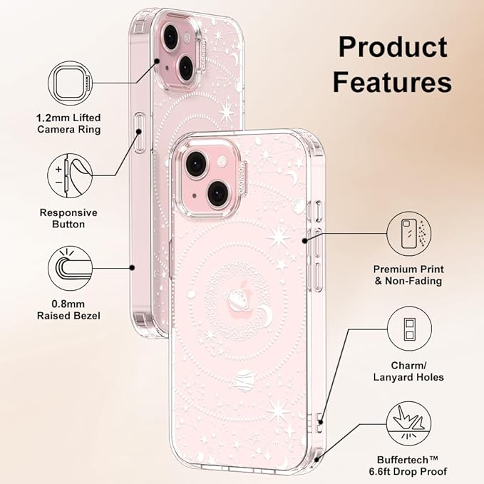 MOSNOVO Case for iPhone 15, [Buffertech 6.6ft Military-Grade Drop Protection] [Anti Peel Off Tech] Clear TPU Bumper Phone Case Cover Design - Galaxy