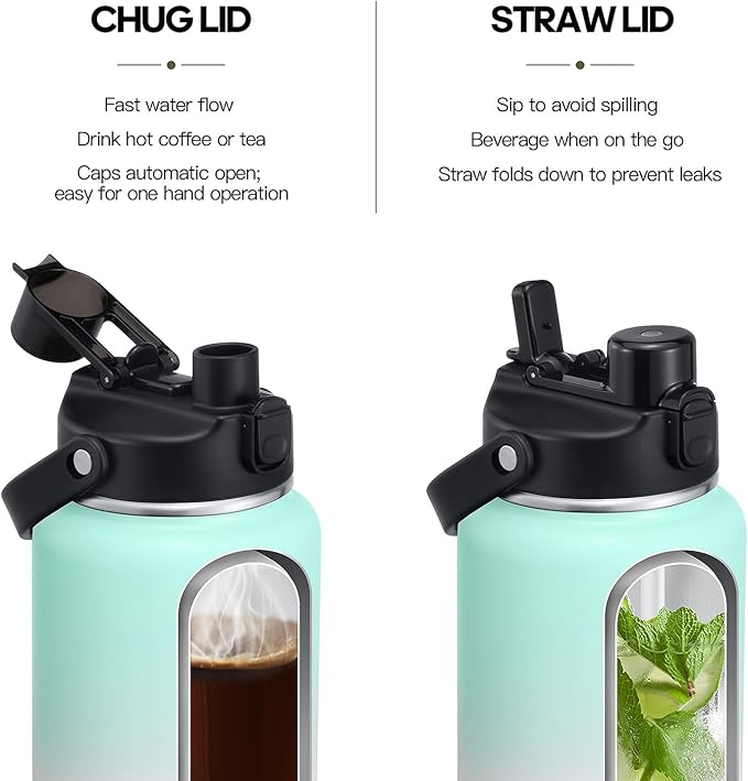 64oz Half Gallon Insulated Water Bottle with 2-in-1 Lid (Chug & Straw), Double Walled Vacuum Stainless Steel Water Bottles, Wide Mouth Leakproof Insulated Jug with Straw