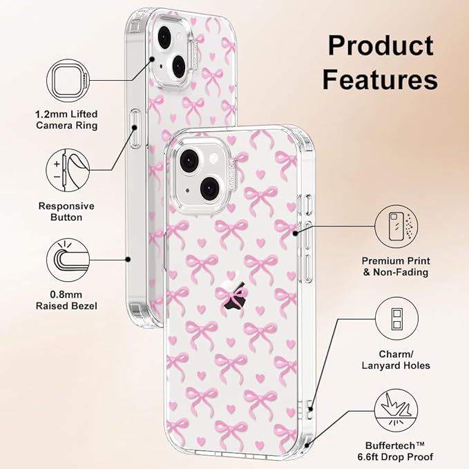 MOSNOVO for iPhone 13/14 Case | Military Grade 6.6ft Drop Tested | Clear with Bowtiful Love Design