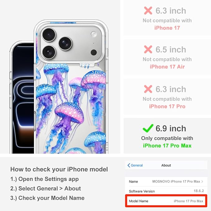 MOSNOVO for iPhone 17 Pro Max Case, Shockproof Military-Grade Protection 6.6ft Drop Tested, Camera Control, Clear Phone Case for iPhone 17 Pro Max, Mystic Jellyfish Design