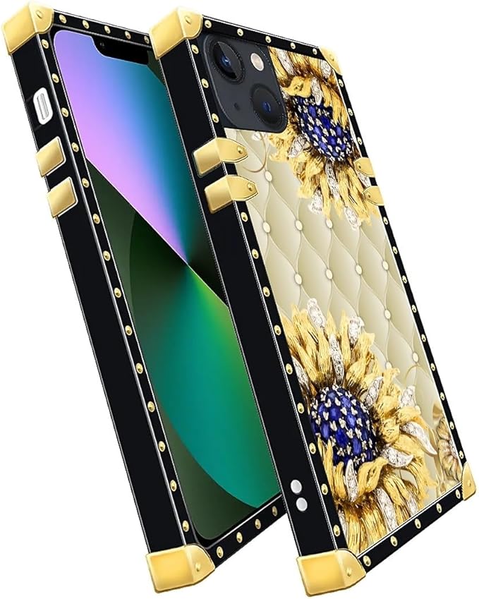 Compatible with iPhone 13 Case, Sunflower Diamonds Leather Luxury Golden Decoration for Girl Women Soft TPU Shockproof Protective Hard PC Back for iPhone 13