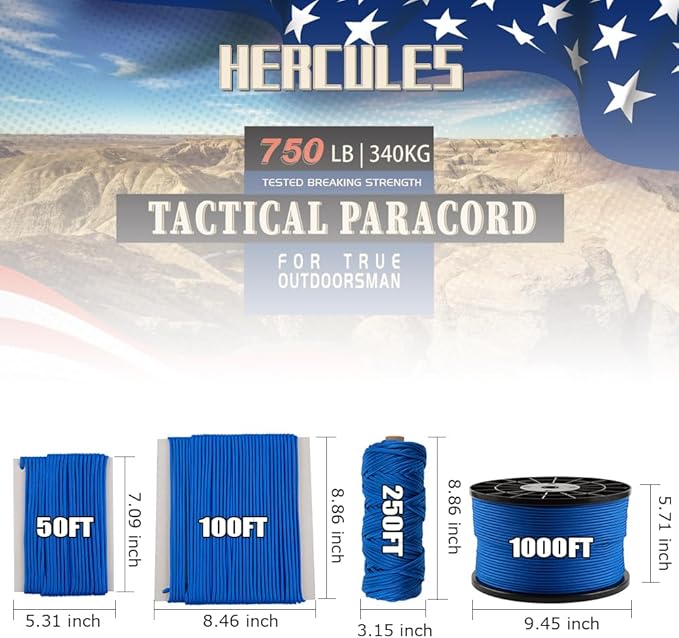 HERCULES 750lb Paracord 4mm 11 Strands Tactical Parachute Cord, 50' 100' 250' 1000' Utility Rope for Camping, Survival, Outdoor Gear (Royal Blue, 250FT)