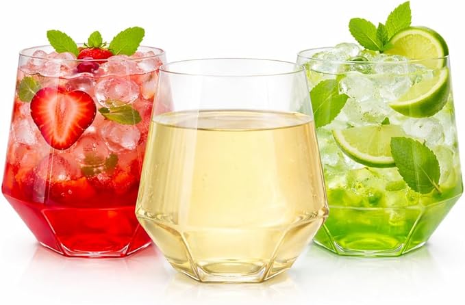 Oojami 40 count Diamond 12 Ounce Cups Unbreakable Stemless Plastic Wine Champagne Whiskey Glasses Elegant Durable Disposable Indoor Outdoor Ideal for Home, Office, Bars, Wedding (Clear)