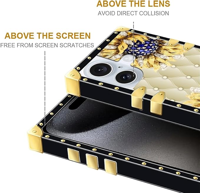 Compatible with iPhone 16 Plus Case, Sunflower Diamonds Leather Luxury Golden Decoration for Girl Women Soft TPU Shockproof Protective Hard PC Back for iPhone 16 Plus