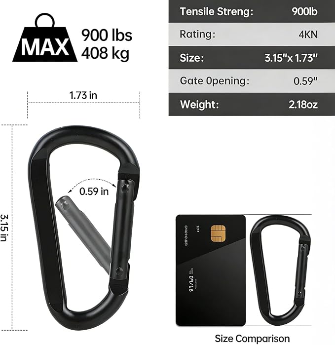 DELSWIN Heavy Duty Carabiner Clip 900lbs, 3 Inch Steel Carabiners for Keychain, Camping, Hiking, Backpack, Dog Leash, Hammock, Gym - D-Shaped Spring Hook Black