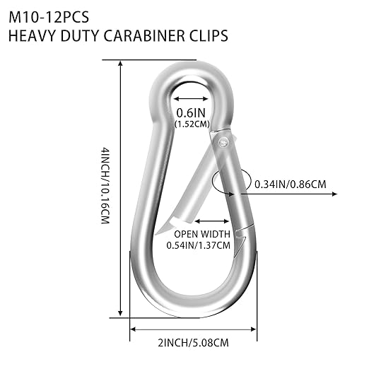 Carabiner, Heavy Duty Galvanized Steel Spring Snap Hook Carabiner Clips with 770LBS Holding Capacity, Ideal for Outdoor, Hammock, Swing and Travel (M10 4Inch, 12PCS)