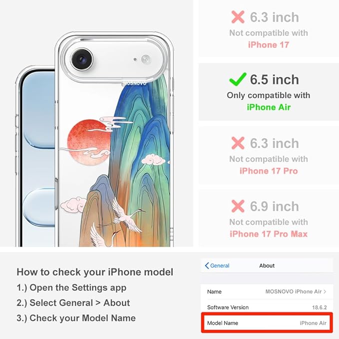 MOSNOVO for iPhone Air Case, Shockproof Military-Grade Protection 6.6ft Drop Tested, Camera Control, Clear Phone Case for iPhone 17 Air, Celestial Cranes Design