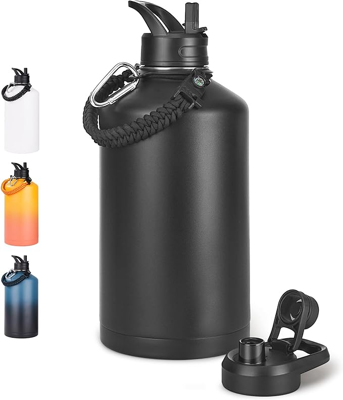 Fijinhom Gallon Water Bottle with 2 Lids (Straw & Spout), 304 Stainless Steel Water Jug with Handle and Wide Mouth, 1 Gallon Vacuum Double Walled Jug for Sports, Outdoors, Leak-Proof, Black 128 oz