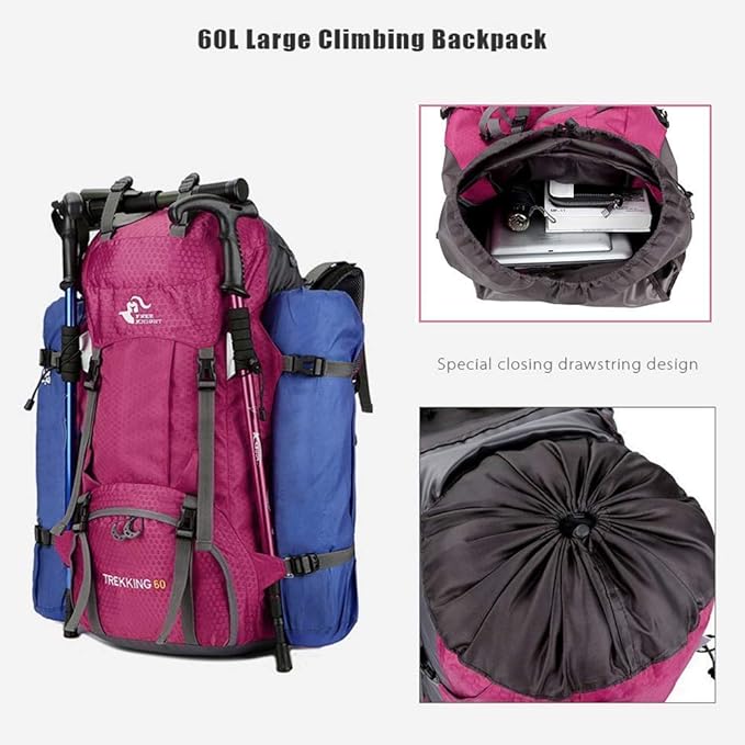 Bseash 60L Waterproof Hiking Camping Backpack with Rain Cover, Large Outdoor Sport Travel Daypack Rucksack for Climbing