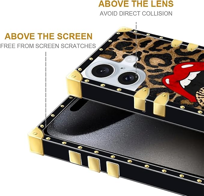 Compatible with iPhone 16 Plus Case, Brown Leopard Print Mouth Luxury Golden Decoration for Girl Women Soft TPU Shockproof Protective Hard PC Back for iPhone 16 Plus