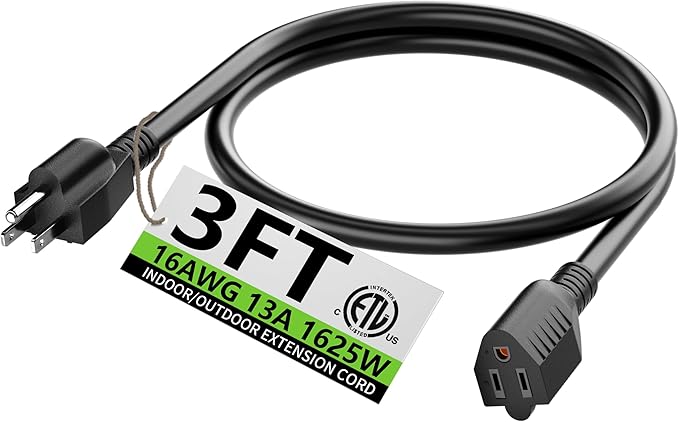 HUANCHAIN 3 FT 16 Gauge Black Indoor Outdoor Extension Cord Waterproof, Flexible Cold Weather 3 Prong Electric Cord Outside, 13A 1625W 125V 16AWG SJTW, ETL Listed