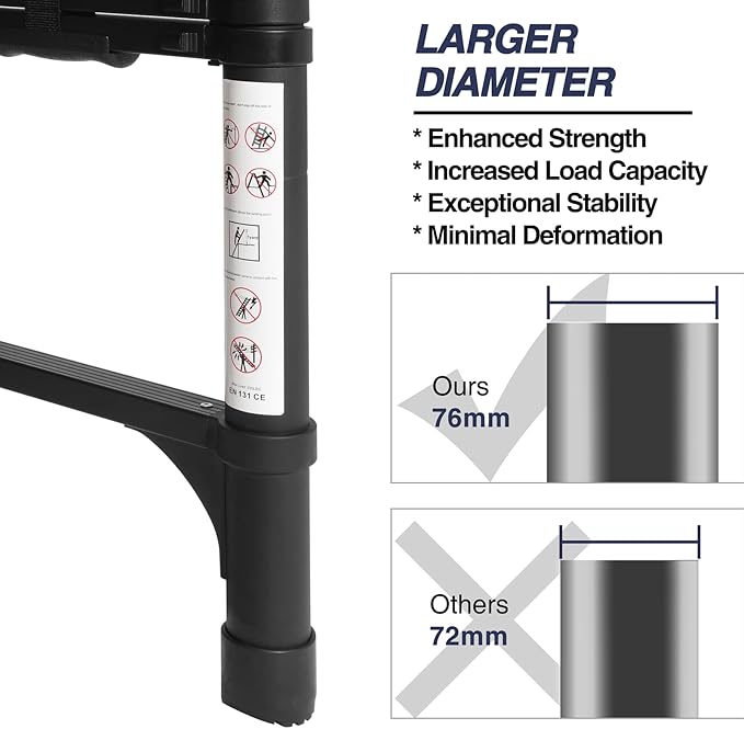 BOCOM 12.5 FT Aluminum Telescoping Ladder with Hooks, Lightweight Multi-Purpose Collapsible Extension with 2 Triangle Stabilizers, Heavy Duty 330 lbs Max Capacity for Home, RV, and Outdoor Work Black