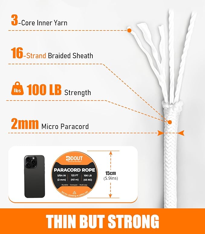 DDOUT 2mm Paracord 100lb, Thin Micro Paracord Rope, White 125FT Nylon Cord for Crafting, DIY Projects, Fishing, Camping & Outdoor