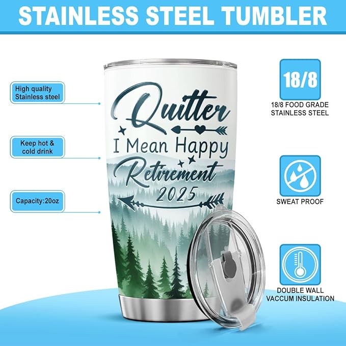 Funny Retirement Tumbler 2025 for Men Women, Quitter I Mean Happy Retirement 20oz Stainless Steel Cup, Insulated Travel Mug Gift for Coworker Boss Dad Mom Friend Use
