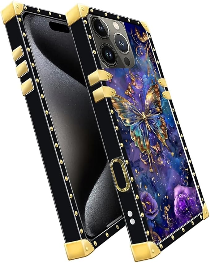 Compatible with iPhone 16 Pro Case, Glistening Golden Butterfly Vibrant Purple Blue Luxury Golden Decoration for Girl Women Soft TPU Shockproof Protective Hard PC Back
