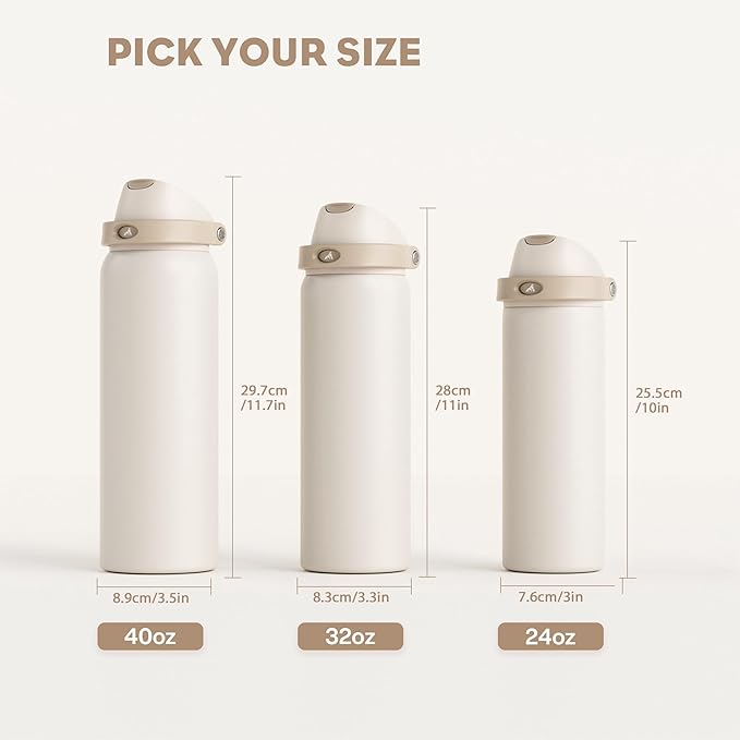 POWCAN 40 oz Insulated Water Bottle, 2-in-1 Push-Button Spout & Quick-Flip Straw Lid, Leakproof, Keep Cold 24Hrs, BPA-Free, Stainless Steel Water Bottle for Sports, School, Travel, Gym (Oat Mousse)