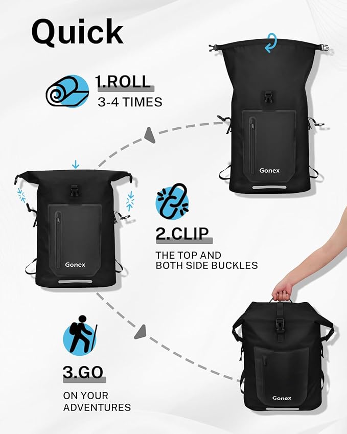 Gonex Ultralight Waterproof TPU Backpack, 35L Roll Top Dry Bag with Comfortable Padded Back Panel for Kayaking Boating Camping Fishing Travel,Black